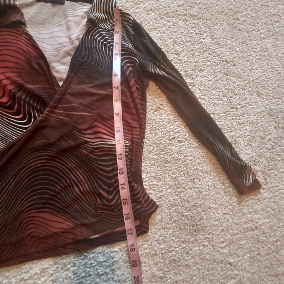 Orange and Brown Psychedelic Wrap Blouse with 3/4 Sleeves and Notched Collar - Picture 7 of 7